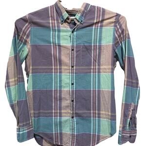 Club Monaco Shirt Men XL 100% Cotton Purple Green Brown Slim Fit Plaid Preppy